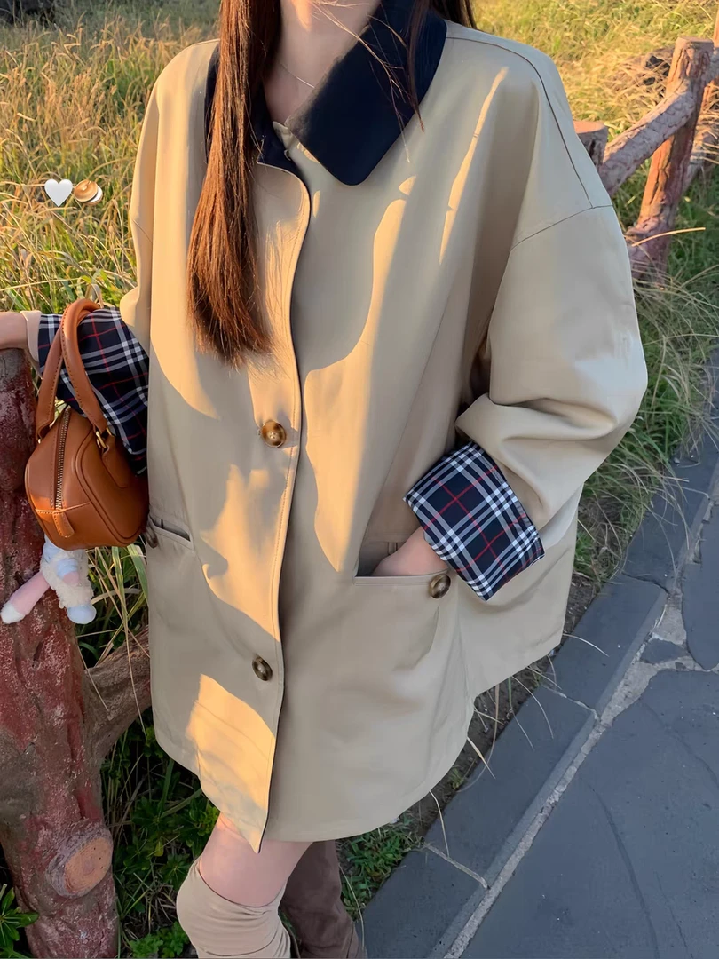 布达佩斯学院格纹卡其色风衣春秋女小个子短款秋宽松开春外套02