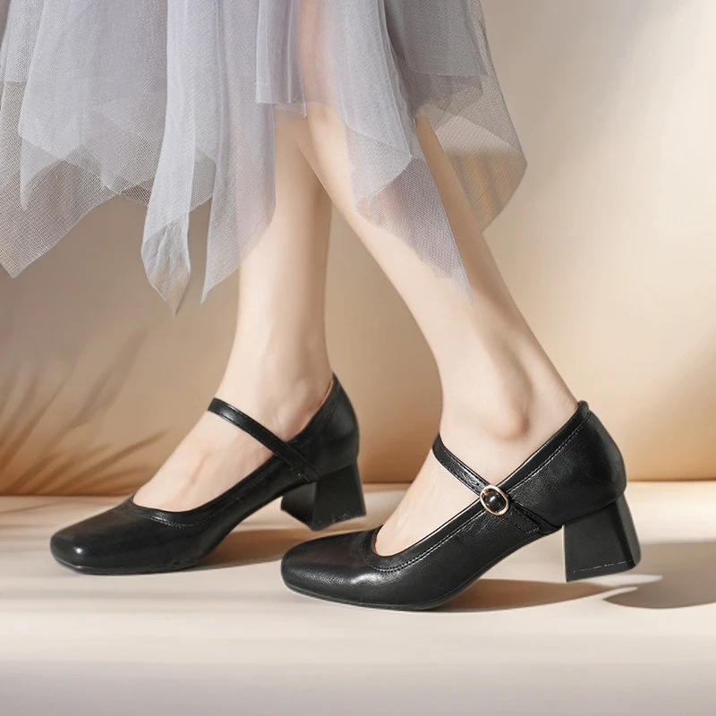 工作鞋女黑色不累脚真皮软底粗跟3cm中跟浅口职业上班舒适单鞋女