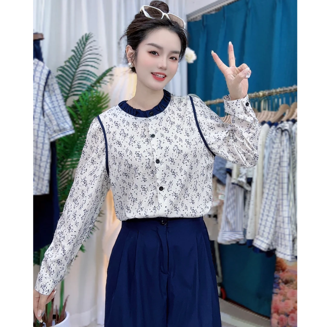 2025年新款时尚娃娃领碎花撞色长袖衬衫女泡泡袖7799