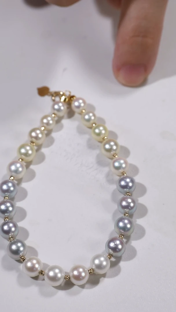 海水珍珠未镶嵌手链070102 海水akoya四季彩手链18k金隔球加尾链