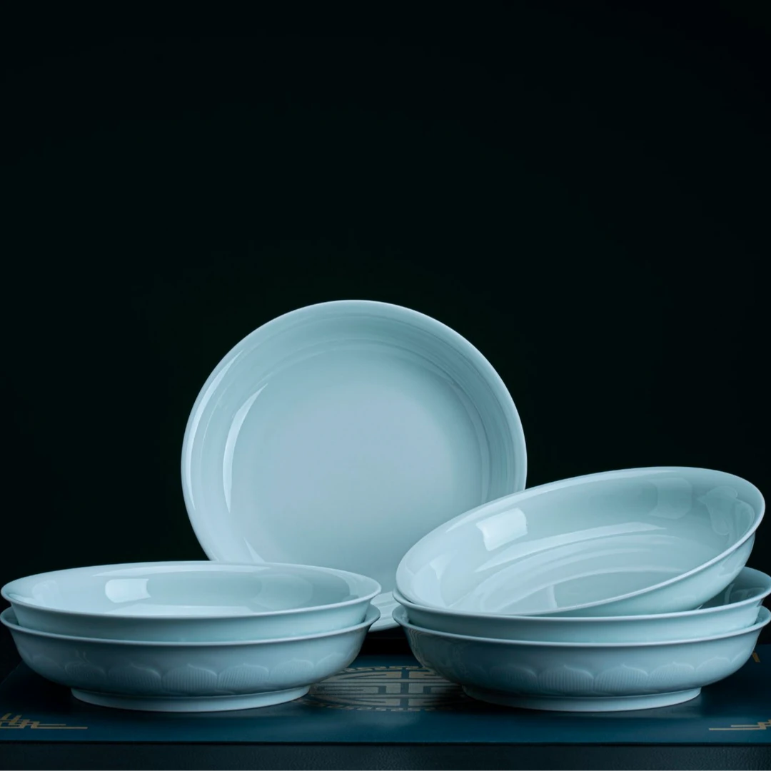 changnan/昌南景德镇正品高温釉下影青忆莲8.25英寸深盘微波瓷