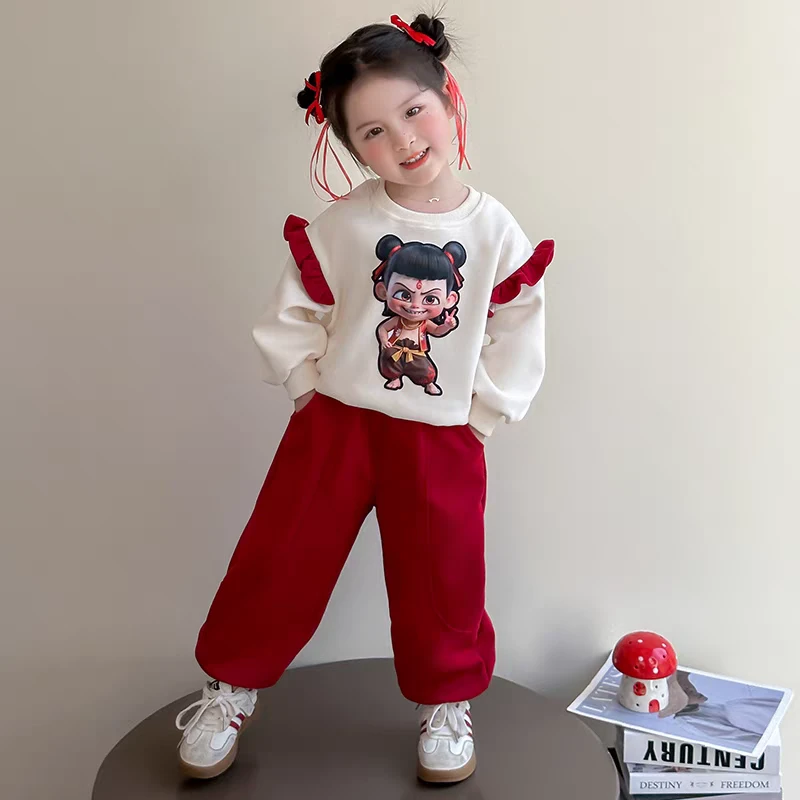 女童花边哪吒卫衣套装春秋装儿童洋气女宝宝春季休闲两件套0046
