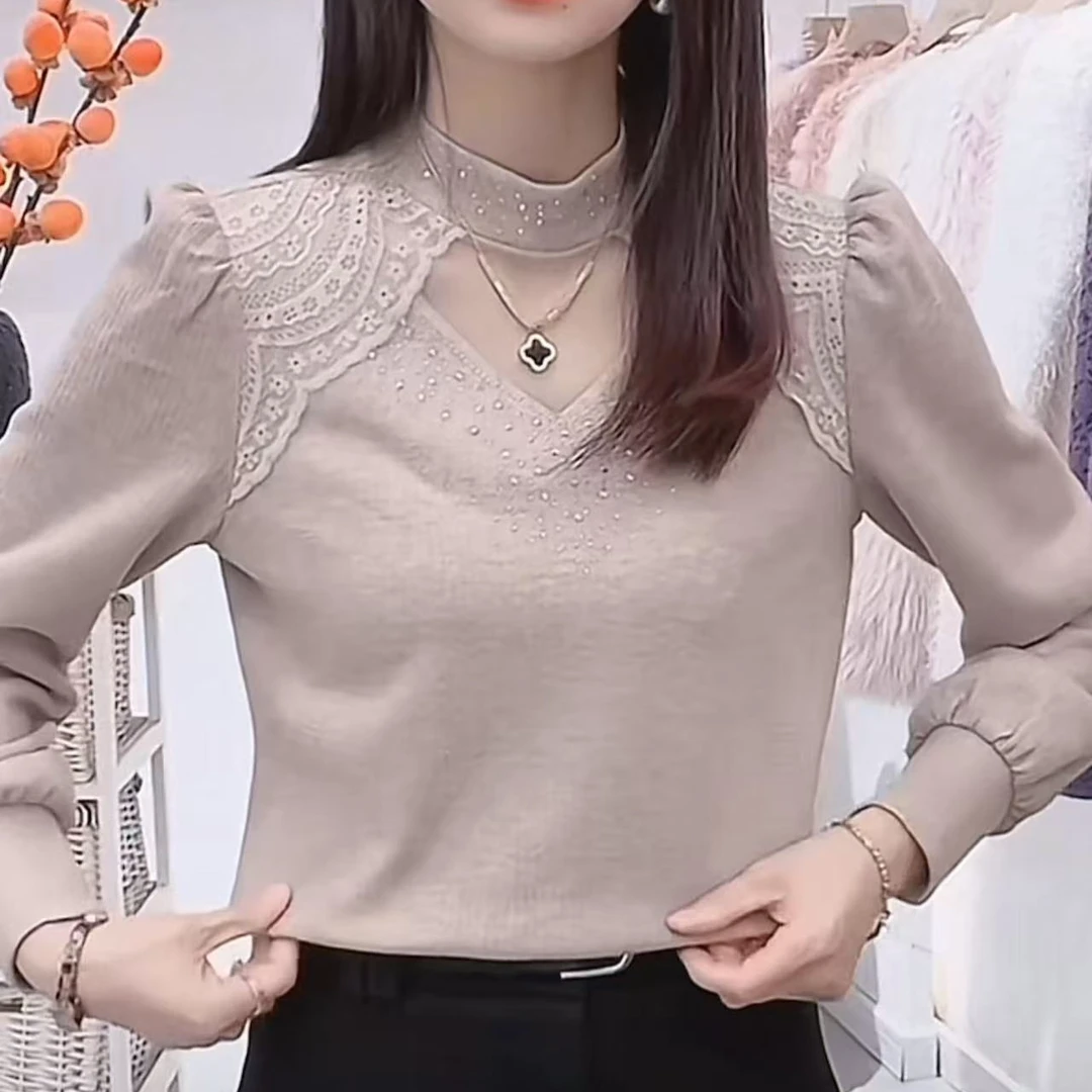 新款冬季加绒气质温婉上衣独特漂亮小衫蕾丝内搭百搭时尚修身长袖