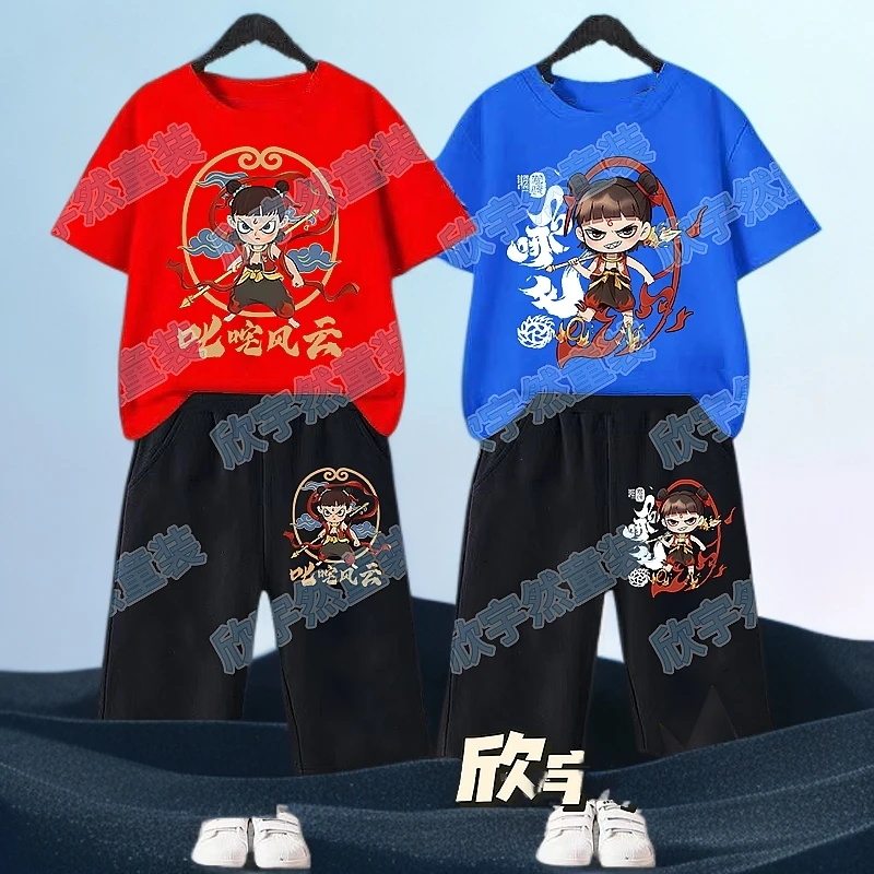 哪吒之魔童闹海男童纯棉短袖套装夏季儿童2025新款七分裤两件套
