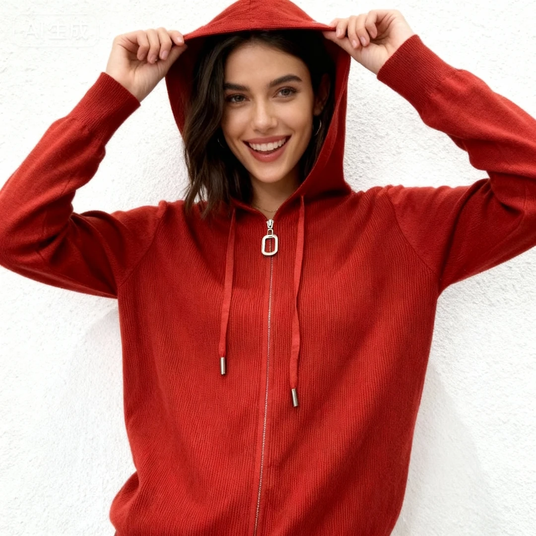 女士时尚薄款纯色红色落肩袖针织带帽羊绒衫潮流上衣新颖适合日