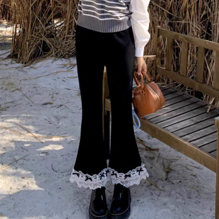 〖猫姐衣橱〗早春新款黑蝴蝶结弹力百搭微喇裤126