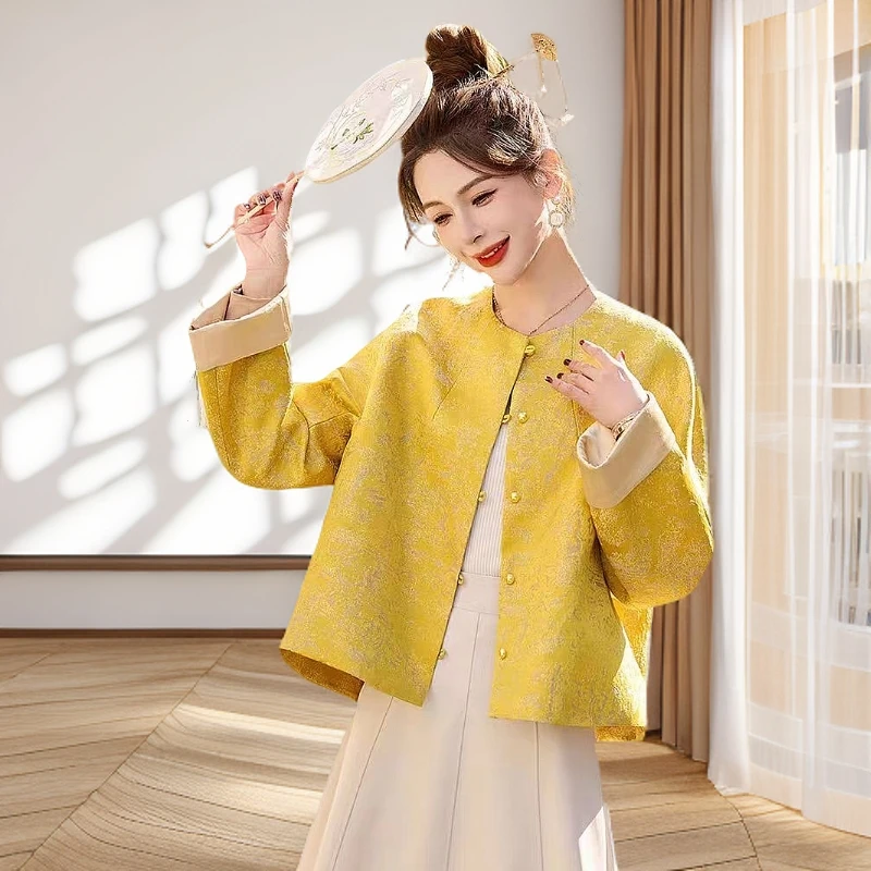 新中式2025春新正肩袖显瘦国风圆领人丝提花女百搭高级感上衣外套