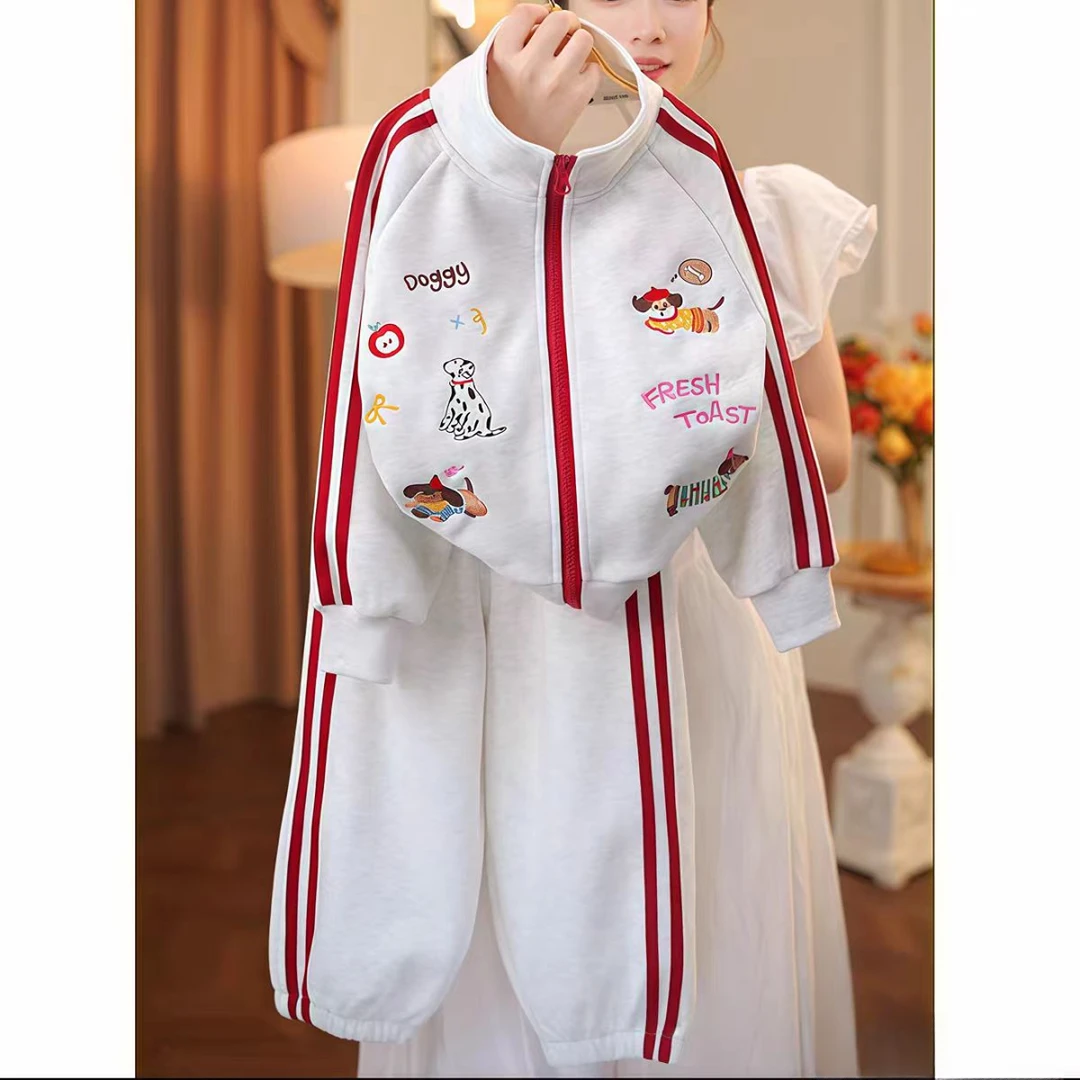 女童卫衣开衫卫裤套装秋装2025新款卡通刺绣拉条外套儿童秋季套装