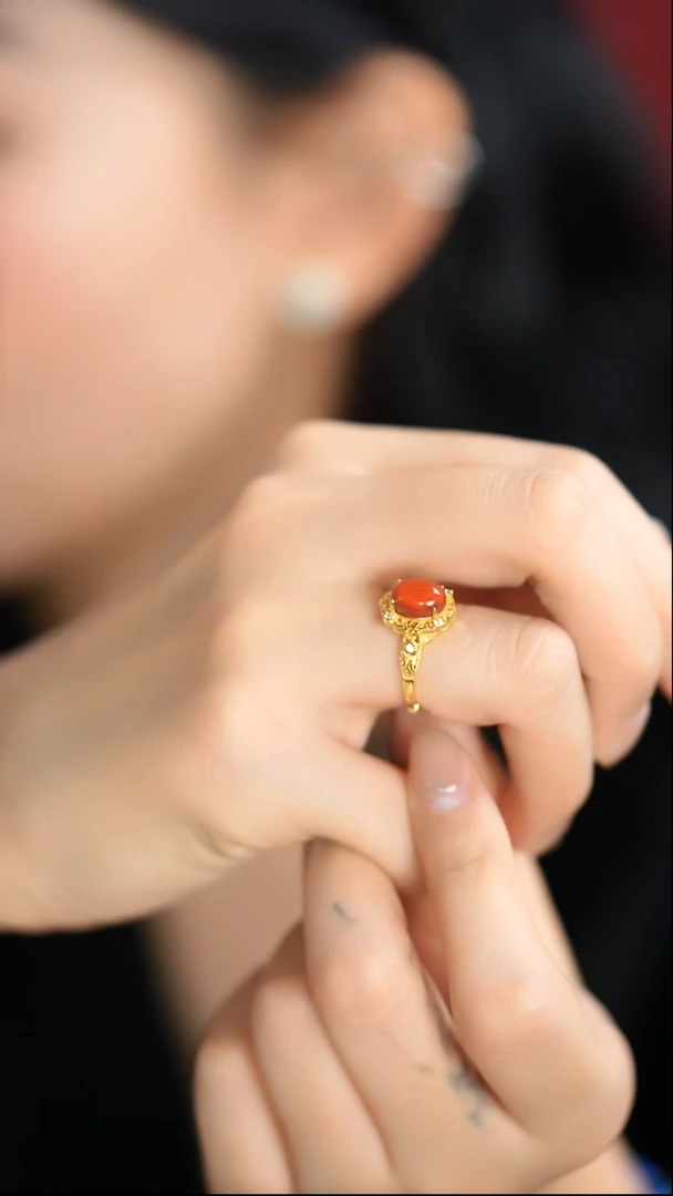 【闪购商品】南红玛瑙戒指银S925镀金镶嵌南红戒指
