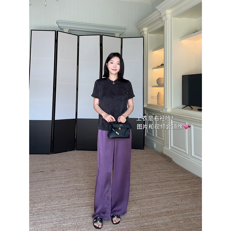 郭九九呢 新中式国风印花宽松显瘦短袖高腰直筒拖地裤 G925Q08189