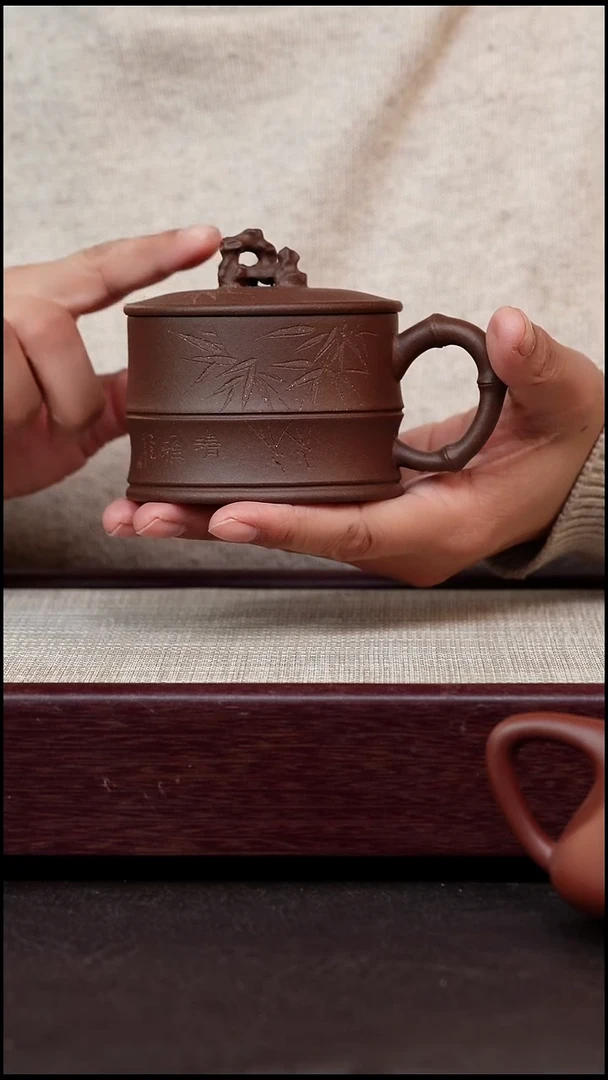 茶杯紫砂九**恋刻竹太湖石单杯