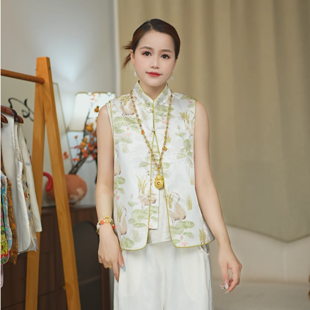 CHUNTIAN/椿锦【松鹤】新中式宋锦提花双面双穿国风马夹