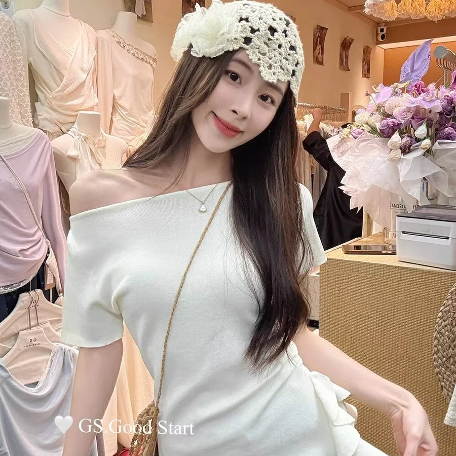 法式不规则褶皱显瘦上衣T恤夏季新款甜美风圆领短袖百搭针织衫潮