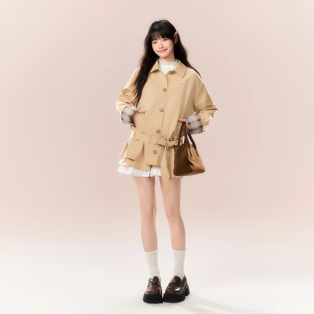 NTOT甜酷低腰春季新款风衣格子拼接蝴蝶结收腰外套NOTWT24618