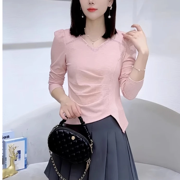 2025时尚长袖气质T恤女春季新款重工褶皱上衣百搭减龄洋气打底衫