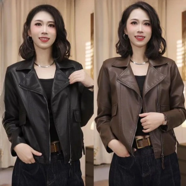 海宁皮衣女短款2025秋季新款宽松显瘦气质机车皮衣短款小个子外套