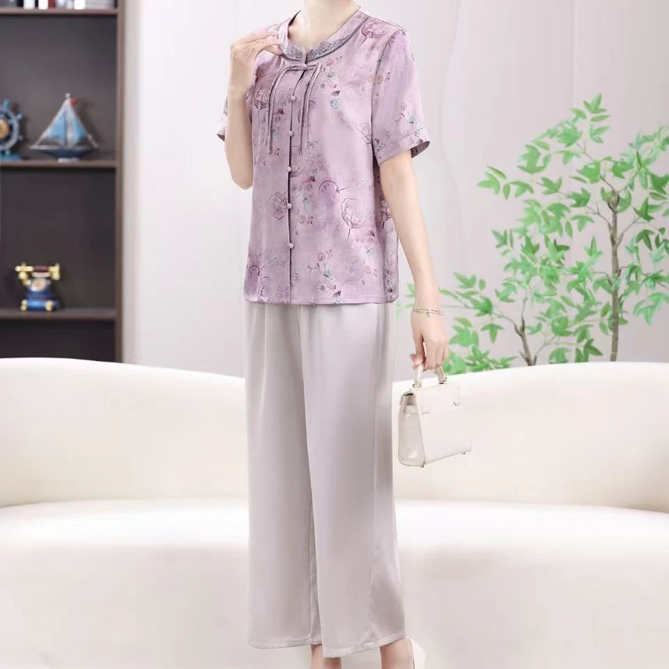 国风素雅套装中老年妈妈装领口绣花时尚母亲节气质夏季