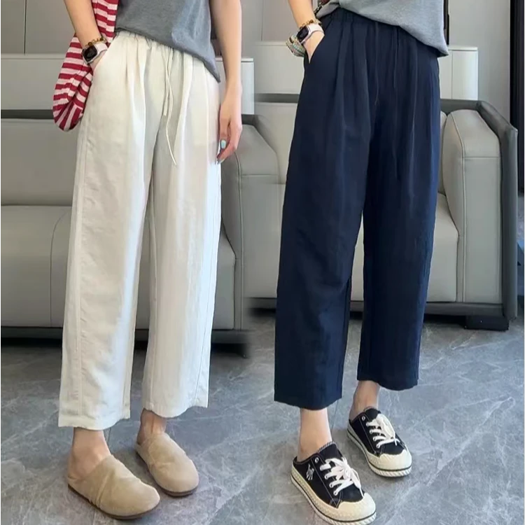 冰感莱赛尔亚麻阔腿裤女小个子八分/九分夏季新款宽松直筒休闲