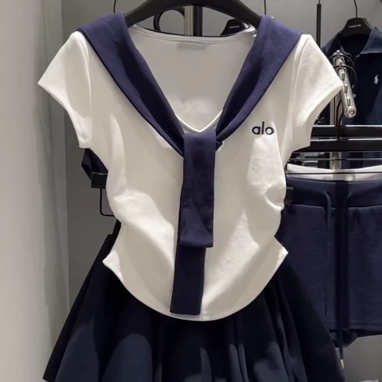 【撞色V领海军风假两件拼接披肩T恤】2025夏季收腰显瘦上衣女