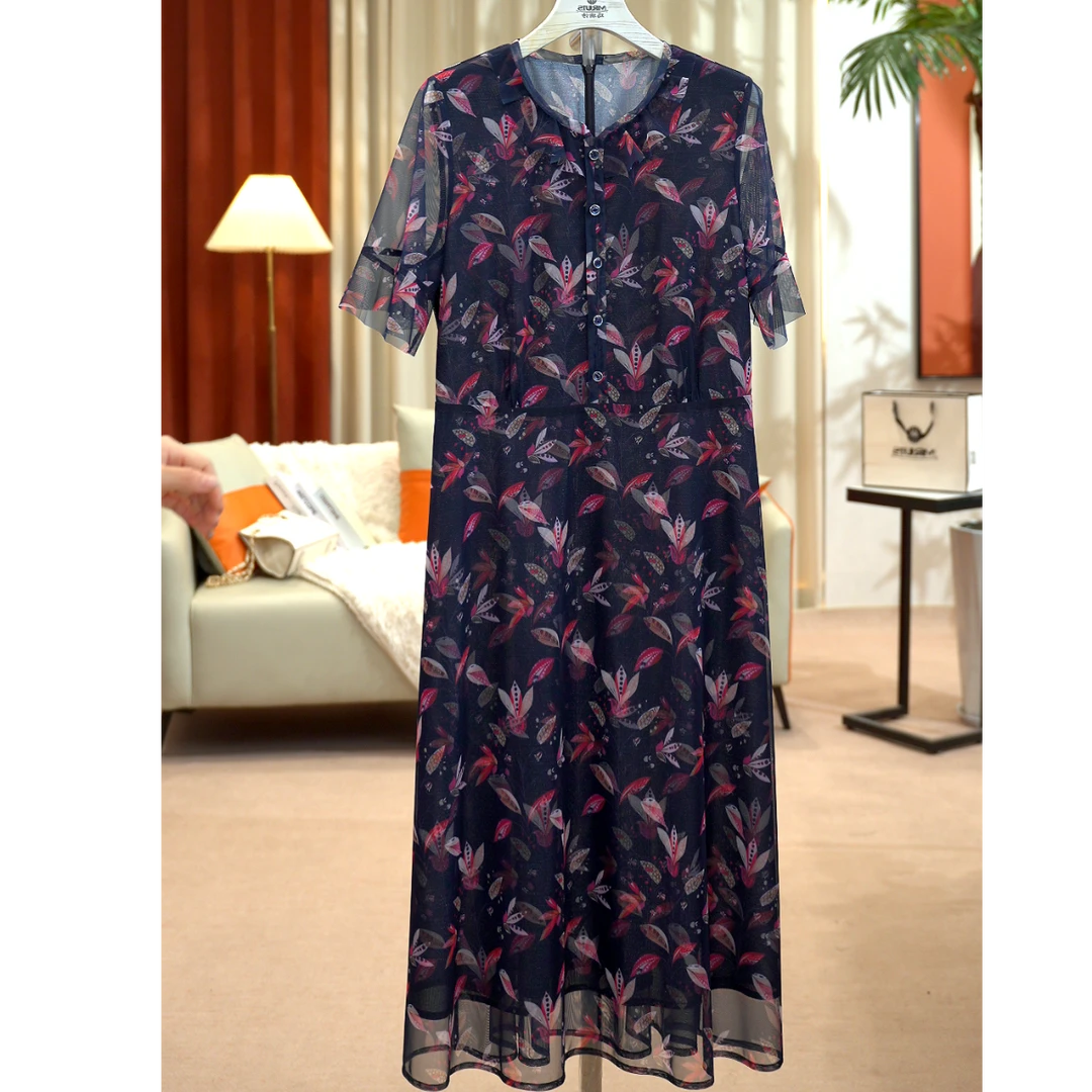 2025夏季女装连衣裙气质优雅枫叶网纱弹力印花中长款裙子L037