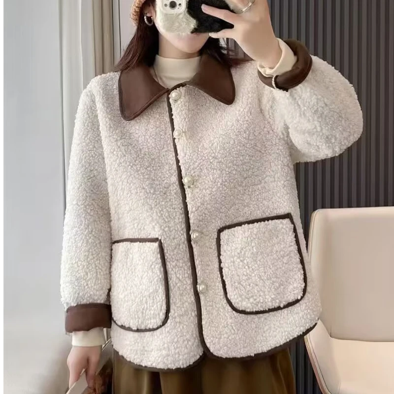 大码冬季新款时尚气质小翻领大口袋显瘦加厚颗粒绒外套女