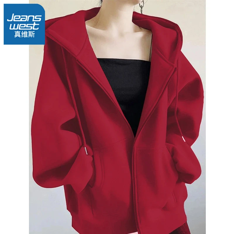 真维斯新春加绒加厚连帽卫衣百搭2025秋新款时尚宽松拉链开衫外套