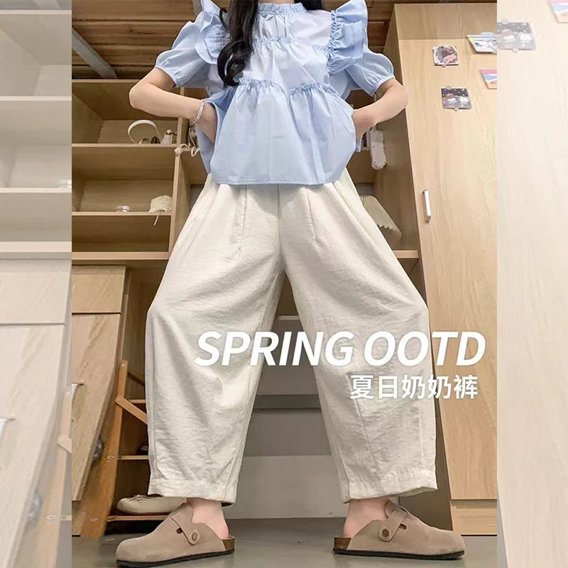 白色奶奶裤女夏季2025新款高腰休闲阔腿小个子九分冰丝气球萝卜裤