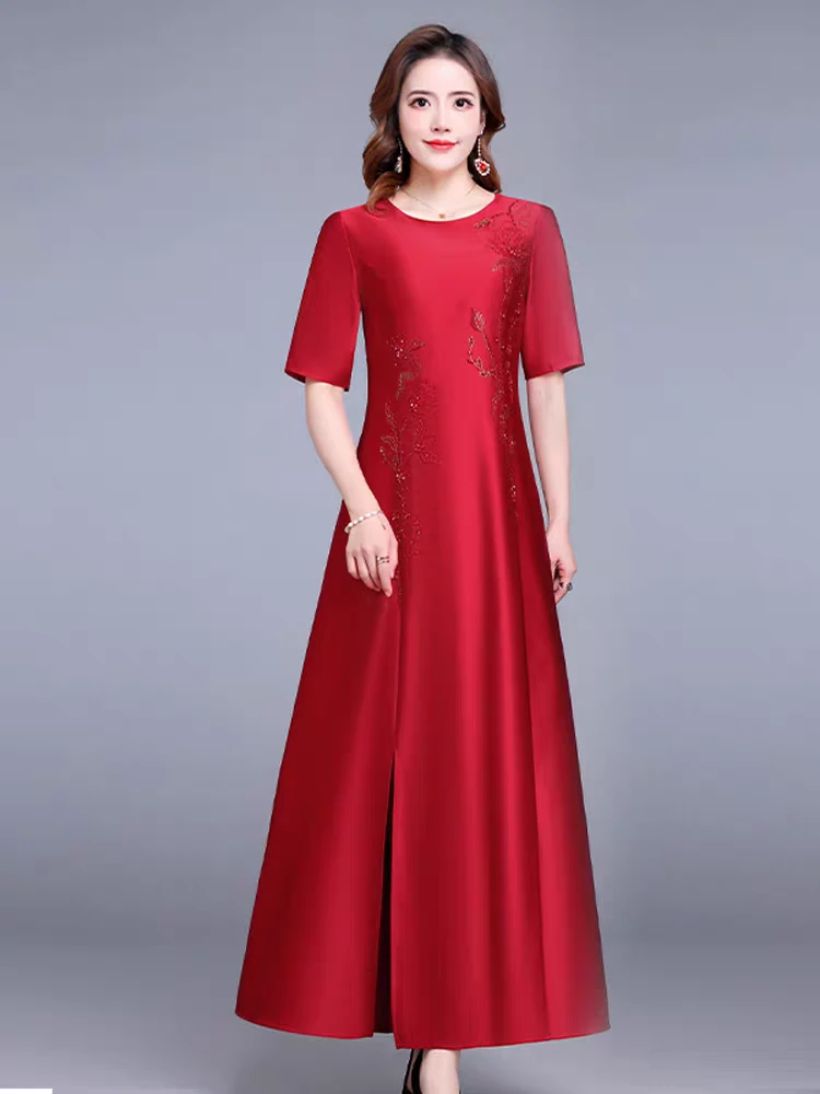 枣红长款年轻款妈妈婚宴装礼服裙高端大气喜婆婆结婚喜服连衣裙