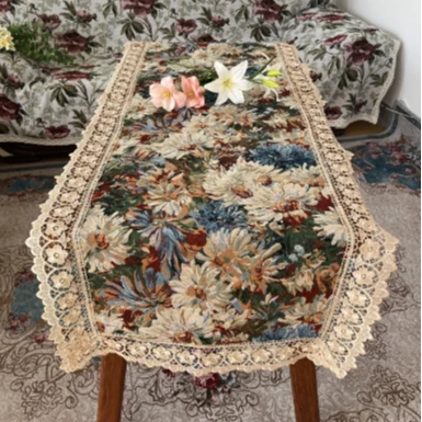 ZN107-75棉麻【60*180】彩菊水溶花边棉麻交织布桌布