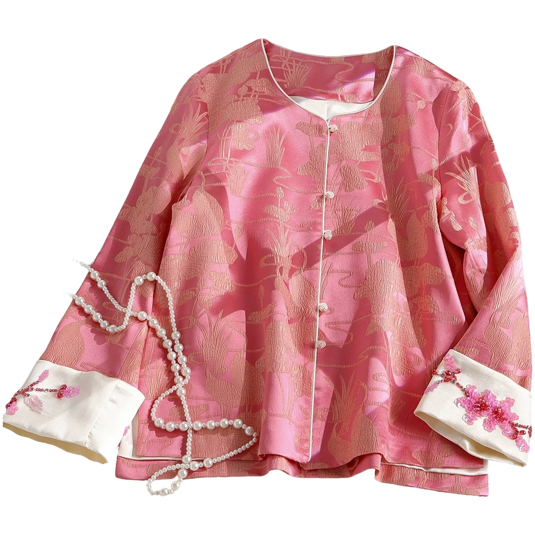 南油高版本杨幂同款桑蚕丝冠乐皱新中式手工钉珠新款外套上衣时尚