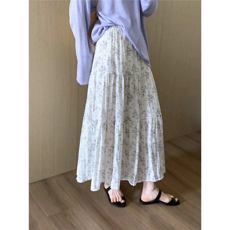 复古紫色雪纺碎花半身裙女春秋季中长款温柔风文艺气质减龄长裙子