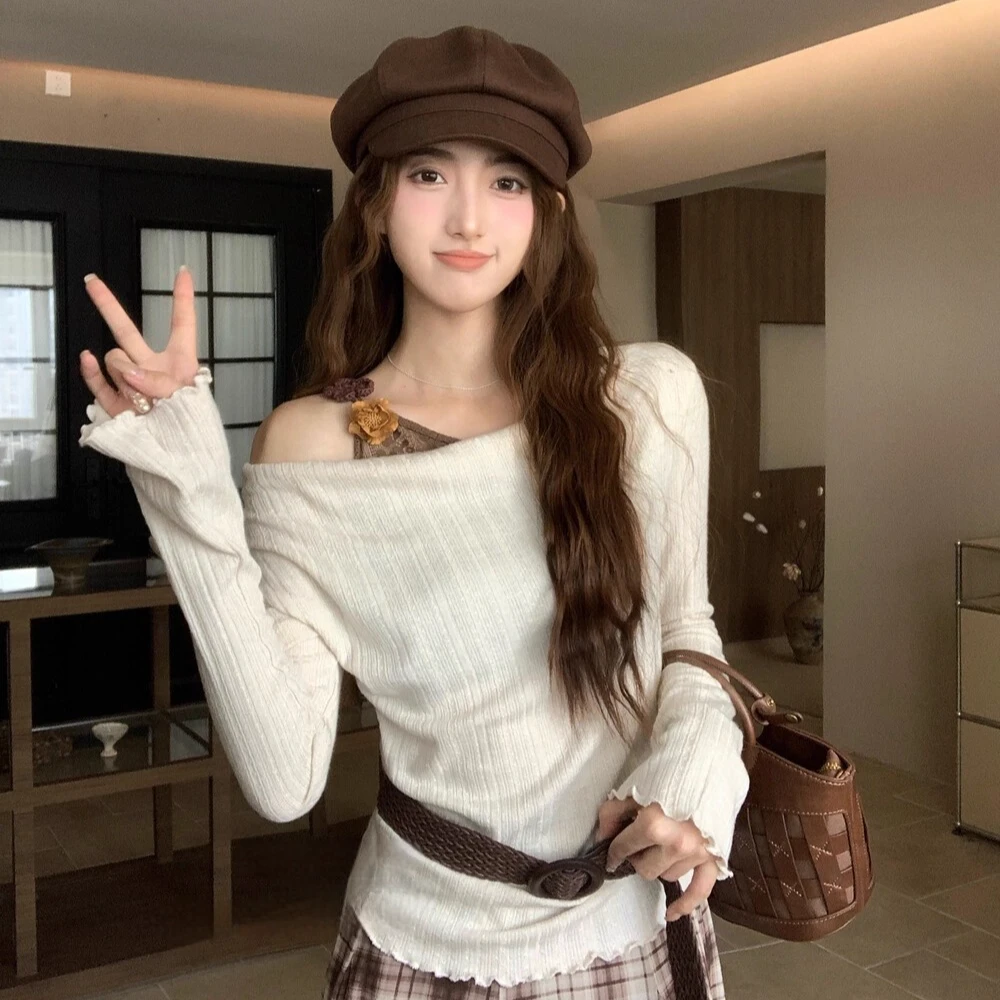 纯欲蕾丝假两件荡领露肩t恤2025秋季新款辣妹风修身显瘦长袖上衣