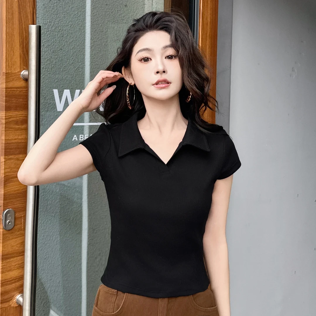 polo领上衣正肩时尚百搭翻领收腰短袖T恤女2025夏季修身螺纹弹力