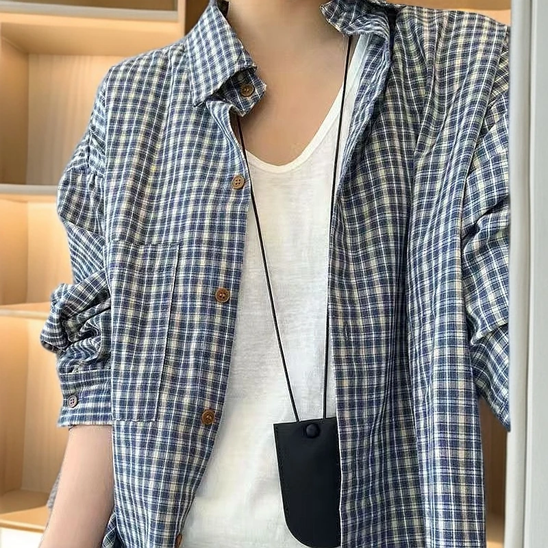 新款韩版轻奢蓝色格子衬衫女春秋宽松遮肉显瘦长袖衬衣外搭秋款