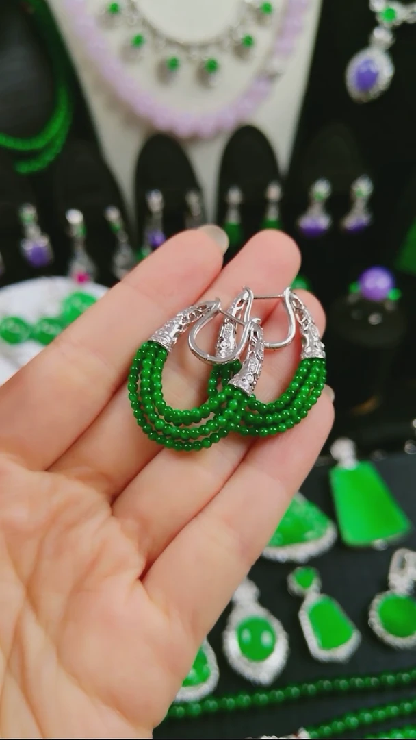 吊坠(不含链)18K金镶嵌翡翠珠珠耳坠