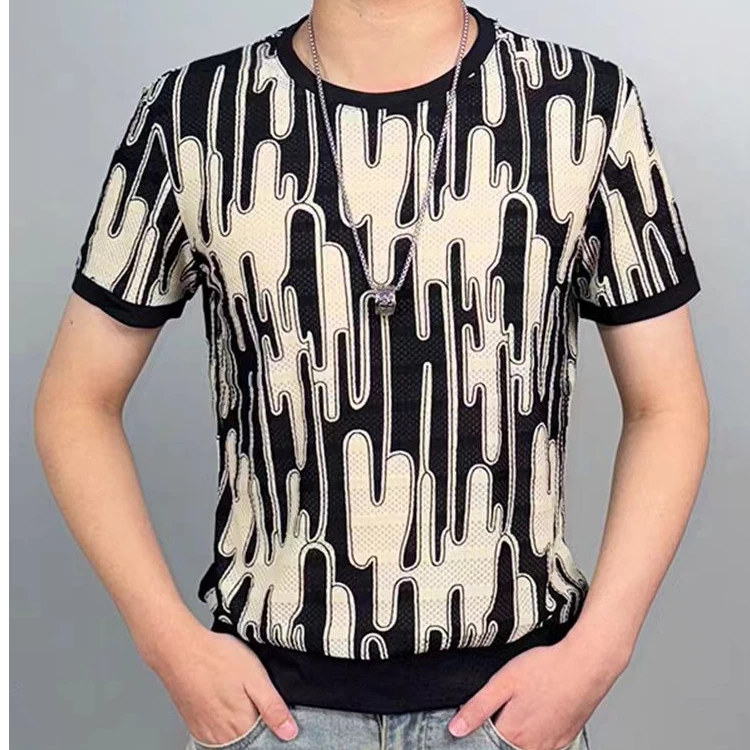 2025夏季男士冰丝时尚百搭轻奢圆领半袖弹力个性体T恤修身017