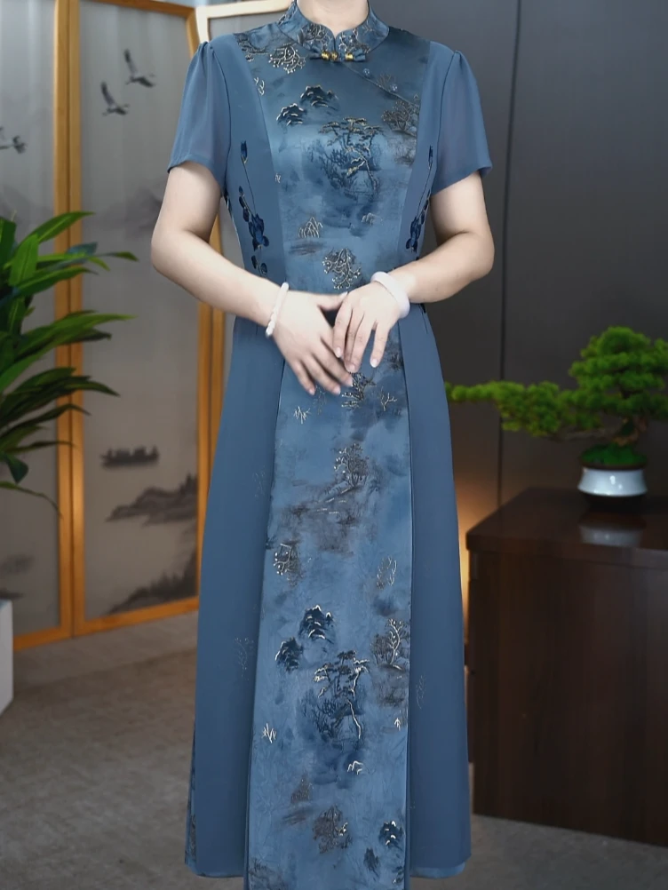 2025夏季新款优雅气质时国风妈妈装显瘦显白遮肉中长款连衣裙