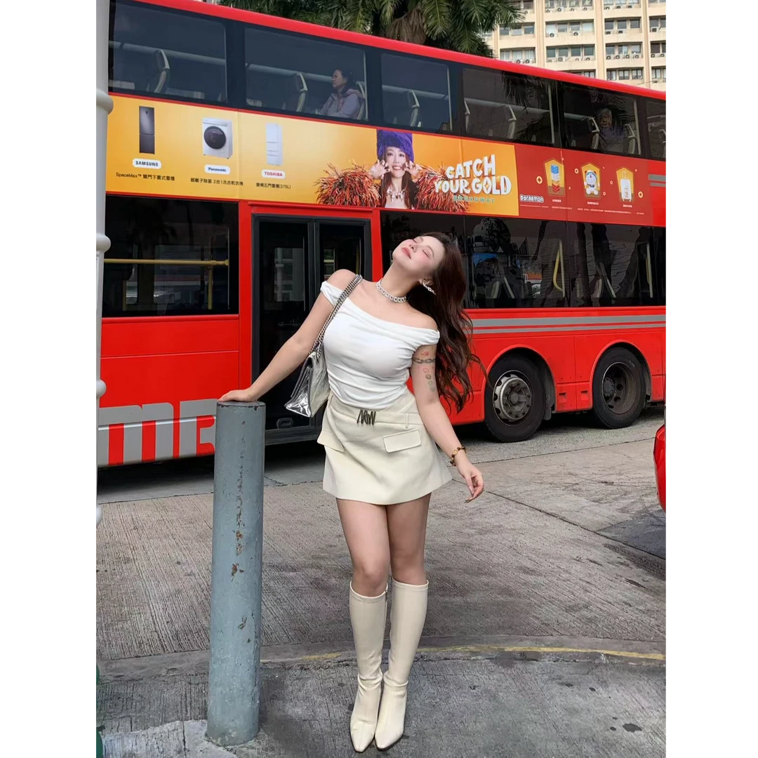 朴萄PUUTAO【凹造型1.0】春季辣妹一字肩拼接假两件连衣裙P243DD355