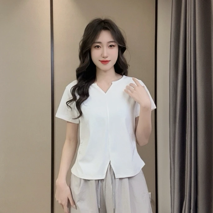 净版V领短袖T恤显瘦气质洋气短款时尚不规则小众百搭休闲高腰夏季