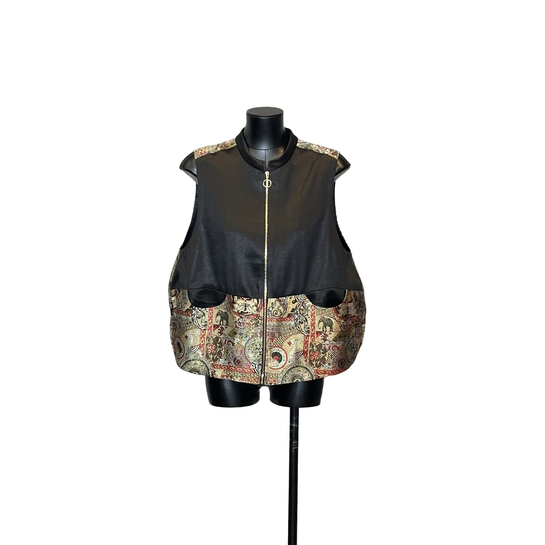 「利琪高订」新中式国风气质时尚轻奢百搭皮子料拼蜀锦马甲A6977