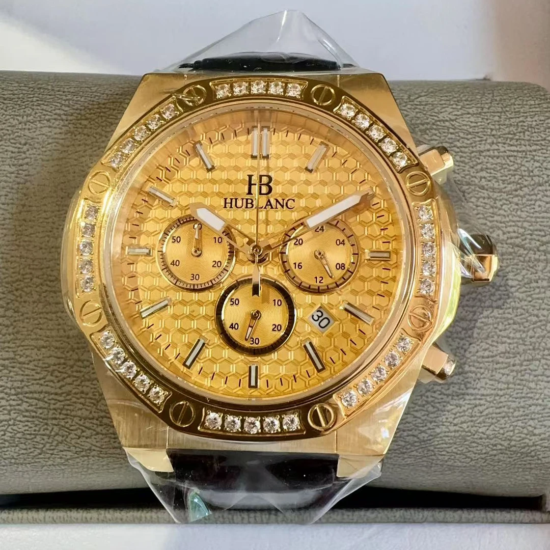 男士多功能防水金色石英腕表时尚奢华带日历手表镶钻