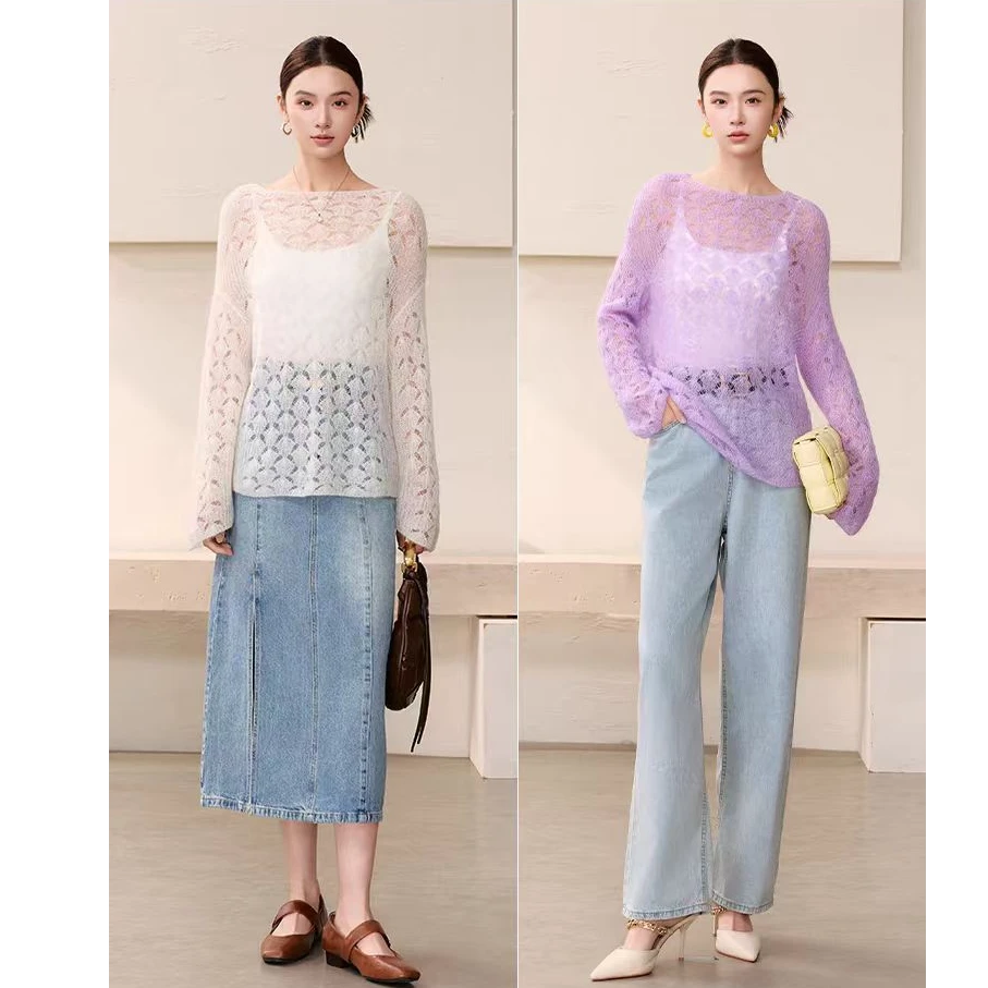 【商场同款】曼德诗纯色针织衫新款绵羊毛马海毛镂空毛衣M733308879