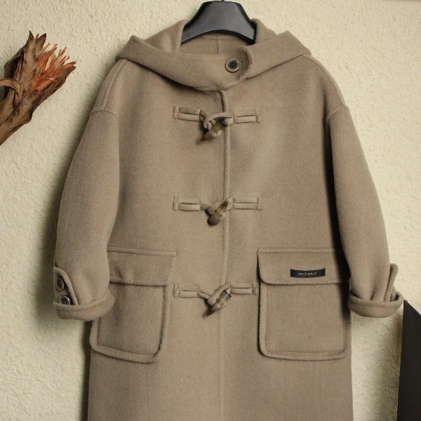灰卡色100%羊毛高定童装双面羊毛大衣中性款外套毛呢驼色大衣连帽