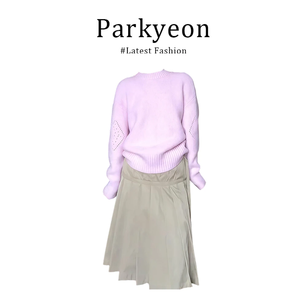 parkyeon韩系奶呼呼粉色长袖针织衫早秋休闲百搭卡其百褶裙套装