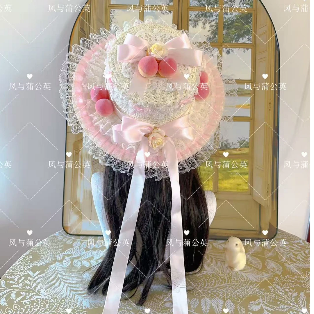 原创洛丽塔甜美手工编织洋气蕾丝草帽蝴蝶结森系平顶帽子lolita