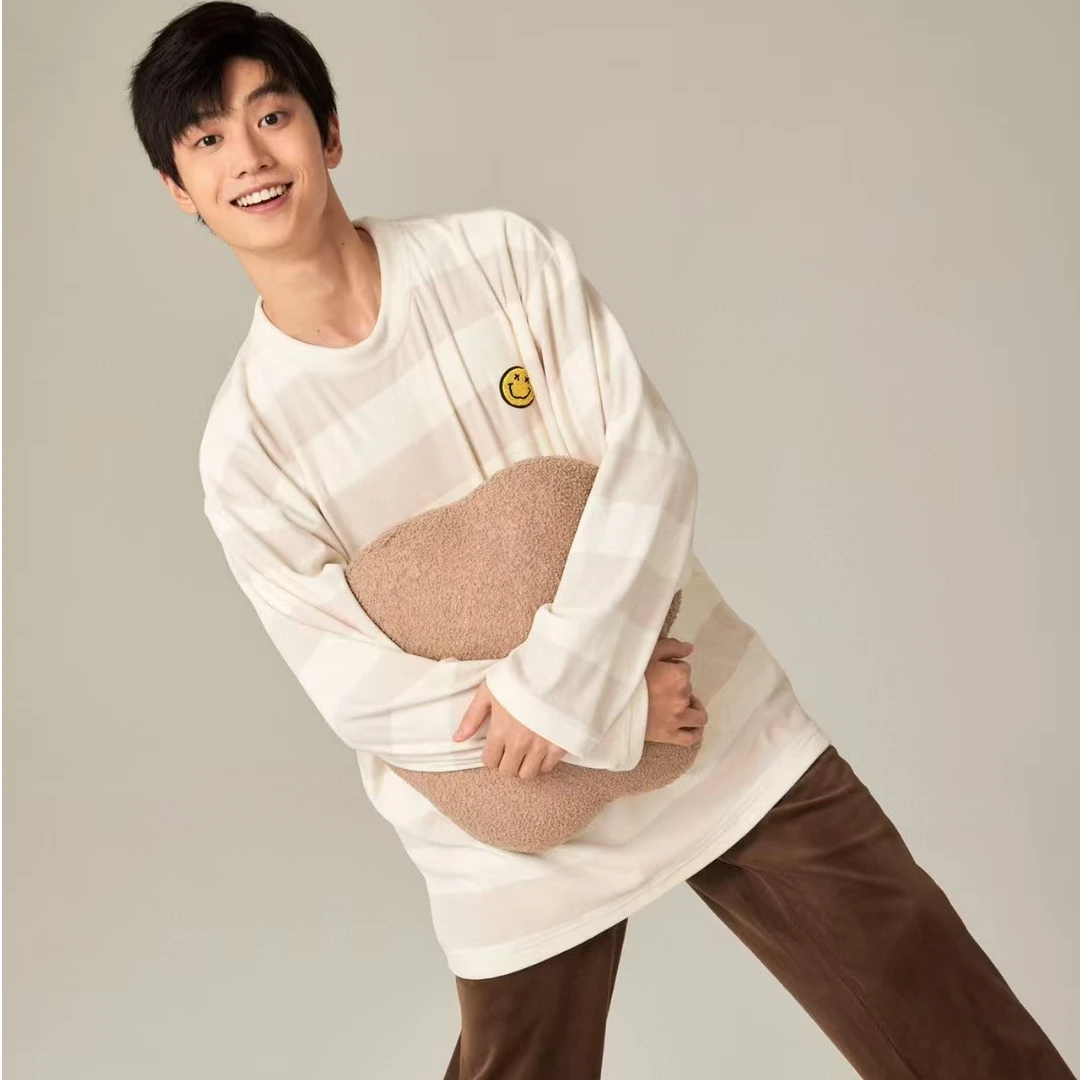 男士海岛绒保暖条纹套头长袖长裤家居服睡衣男款爆款2025新款