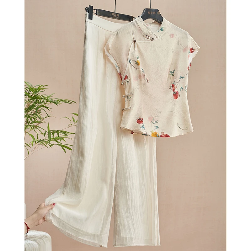 新中式国风穿搭一整套盘扣斜襟改良汉服衬衫搭配气质牛仔裤两件套