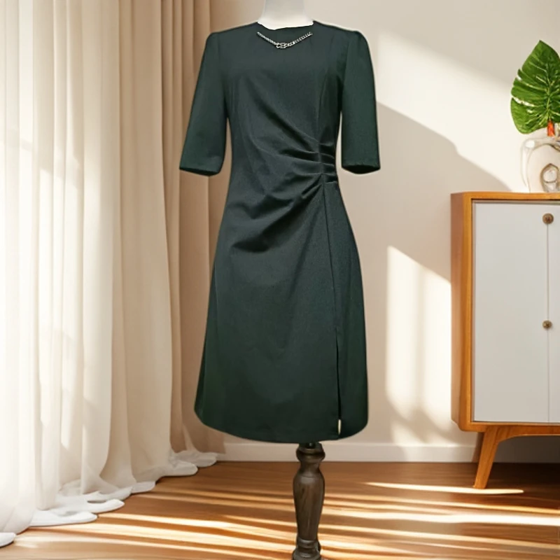 中袖侧边褶皱开叉修身显瘦连衣裙F160