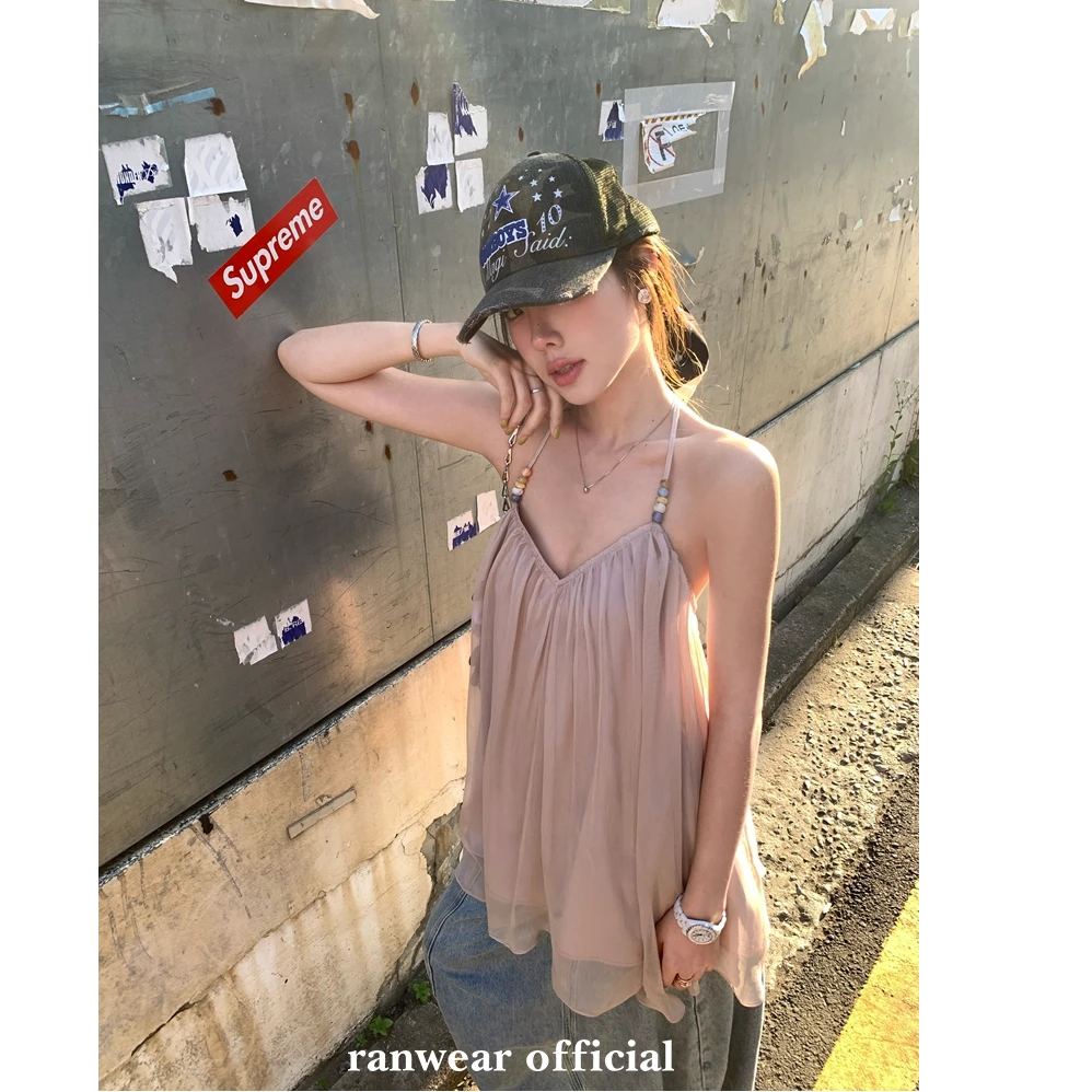 Ranwear 夏野白日梦 绝美深v不规则网纱露背挂脖串珠度假感吊带