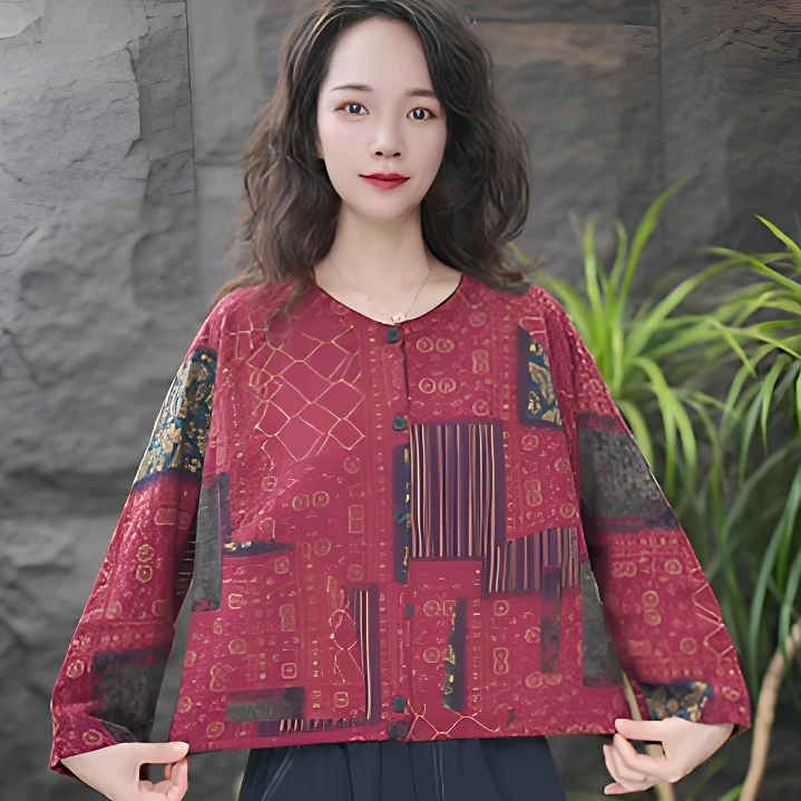 JJ【青花瓷】圆领长袖民族风拼接常规款印花T恤圆领宽松中国风时尚